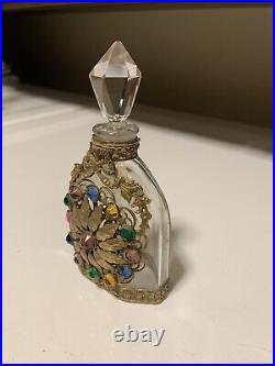 Vtg 1930s Jeweled Czechoslovakian Perfume Bottle Crystal Dauber