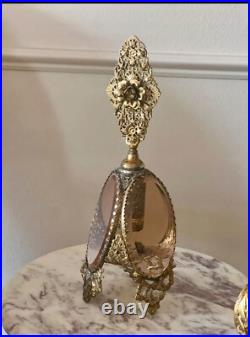 Vtg 3 Panel Beveled Peach Glass Ormolu Gold Filigree Perfume Bottle Hollywood