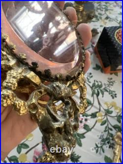 Vtg 3 Panel Beveled Peach Glass Ormolu Gold Filigree Perfume Bottle Hollywood