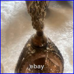 Vtg 3 Panel Beveled Peach Glass Ormolu Gold Filigree Perfume Bottle Hollywood