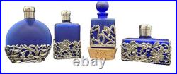Vtg 4 Cobalt Blue Glass Perfume Bottle Silver Tone Overlay Flowers Stopper Caps