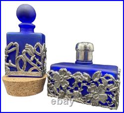 Vtg 4 Cobalt Blue Glass Perfume Bottle Silver Tone Overlay Flowers Stopper Caps