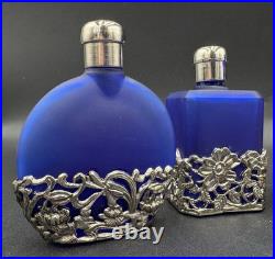 Vtg 4 Cobalt Blue Glass Perfume Bottle Silver Tone Overlay Flowers Stopper Caps