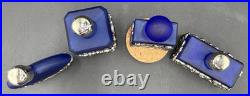Vtg 4 Cobalt Blue Glass Perfume Bottle Silver Tone Overlay Flowers Stopper Caps