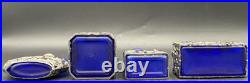 Vtg 4 Cobalt Blue Glass Perfume Bottle Silver Tone Overlay Flowers Stopper Caps