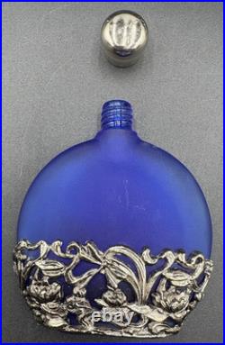 Vtg 4 Cobalt Blue Glass Perfume Bottle Silver Tone Overlay Flowers Stopper Caps