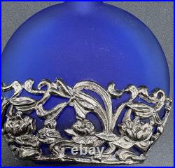 Vtg 4 Cobalt Blue Glass Perfume Bottle Silver Tone Overlay Flowers Stopper Caps