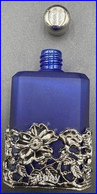 Vtg 4 Cobalt Blue Glass Perfume Bottle Silver Tone Overlay Flowers Stopper Caps