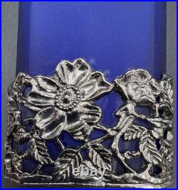 Vtg 4 Cobalt Blue Glass Perfume Bottle Silver Tone Overlay Flowers Stopper Caps