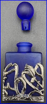 Vtg 4 Cobalt Blue Glass Perfume Bottle Silver Tone Overlay Flowers Stopper Caps