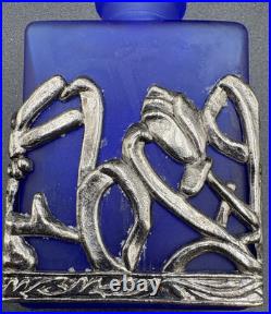 Vtg 4 Cobalt Blue Glass Perfume Bottle Silver Tone Overlay Flowers Stopper Caps