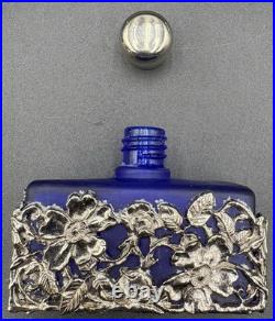 Vtg 4 Cobalt Blue Glass Perfume Bottle Silver Tone Overlay Flowers Stopper Caps