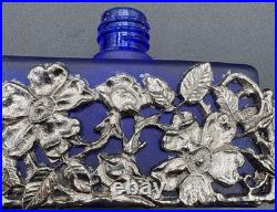 Vtg 4 Cobalt Blue Glass Perfume Bottle Silver Tone Overlay Flowers Stopper Caps