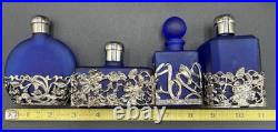 Vtg 4 Cobalt Blue Glass Perfume Bottle Silver Tone Overlay Flowers Stopper Caps