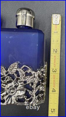 Vtg 4 Cobalt Blue Glass Perfume Bottle Silver Tone Overlay Flowers Stopper Caps