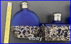 Vtg 4 Cobalt Blue Glass Perfume Bottle Silver Tone Overlay Flowers Stopper Caps