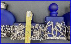 Vtg 4 Cobalt Blue Glass Perfume Bottle Silver Tone Overlay Flowers Stopper Caps