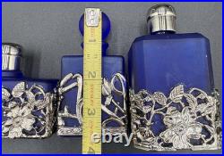 Vtg 4 Cobalt Blue Glass Perfume Bottle Silver Tone Overlay Flowers Stopper Caps
