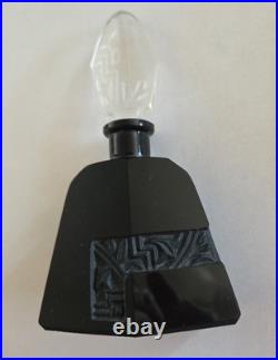 Vtg Art Deco Czech Black Glass Perfume Bottle Intaglio Etched Stopper Dauber