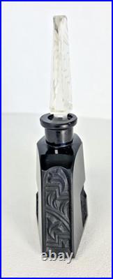 Vtg Art Deco Czech Black Glass Perfume Bottle Intaglio Etched Stopper Dauber