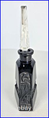 Vtg Art Deco Czech Black Glass Perfume Bottle Intaglio Etched Stopper Dauber