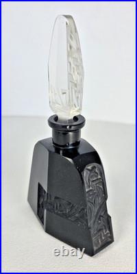 Vtg Art Deco Czech Black Glass Perfume Bottle Intaglio Etched Stopper Dauber