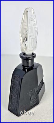 Vtg Art Deco Czech Black Glass Perfume Bottle Intaglio Etched Stopper Dauber