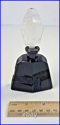 Vtg Art Deco Czech Black Glass Perfume Bottle Intaglio Etched Stopper Dauber