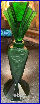 Vtg Art Deco Czeck Glass Green 11.25 Hoffman Perfume Bottle Nudes Panels Rare