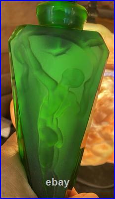 Vtg Art Deco Czeck Glass Green 11.25 Hoffman Perfume Bottle Nudes Panels Rare