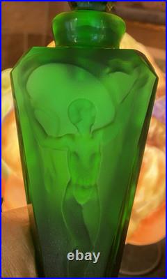 Vtg Art Deco Czeck Glass Green 11.25 Hoffman Perfume Bottle Nudes Panels Rare