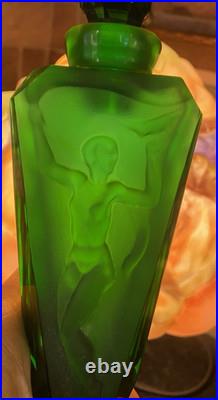 Vtg Art Deco Czeck Glass Green 11.25 Hoffman Perfume Bottle Nudes Panels Rare