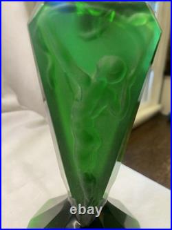 Vtg Art Deco Czeck Glass Green 11.25 Hoffman Perfume Bottle Nudes Panels Rare