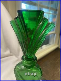 Vtg Art Deco Czeck Glass Green 11.25 Hoffman Perfume Bottle Nudes Panels Rare