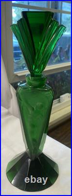 Vtg Art Deco Czeck Glass Green 11.25 Hoffman Perfume Bottle Nudes Panels Rare