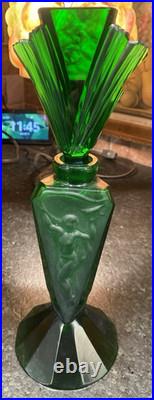 Vtg Art Deco Czeck Glass Green 11.25 Hoffman Perfume Bottle Nudes Panels Rare