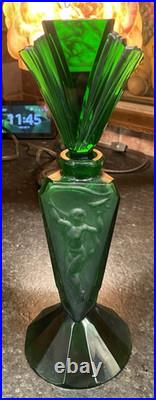 Vtg Art Deco Czeck Glass Green 11.25 Hoffman Perfume Bottle Nudes Panels Rare