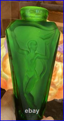 Vtg Art Deco Czeck Glass Green 11.25 Hoffman Perfume Bottle Nudes Panels Rare