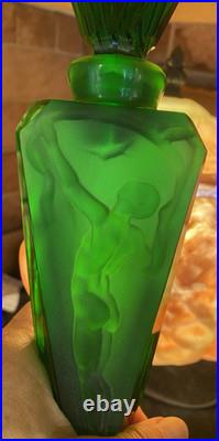 Vtg Art Deco Czeck Glass Green 11.25 Hoffman Perfume Bottle Nudes Panels Rare