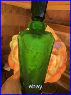Vtg Art Deco Czeck Glass Green 11.25 Hoffman Perfume Bottle Nudes Panels Rare