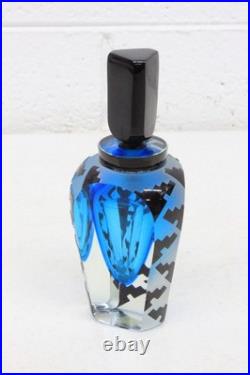 Vtg Correia Blue & Black Glass Geometric Pattern 5.75 Perfume Bottle with Stopper