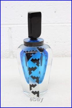 Vtg Correia Blue & Black Glass Geometric Pattern 5.75 Perfume Bottle with Stopper