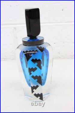 Vtg Correia Blue & Black Glass Geometric Pattern 5.75 Perfume Bottle with Stopper