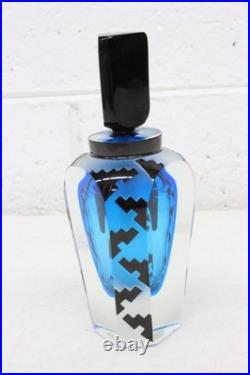Vtg Correia Blue & Black Glass Geometric Pattern 5.75 Perfume Bottle with Stopper