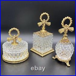 Vtg Crystal Matson Stylebuilt Gold Ormalou Perfume Bottle Jar Vanity Bow Set 3