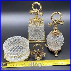 Vtg Crystal Matson Stylebuilt Gold Ormalou Perfume Bottle Jar Vanity Bow Set 3