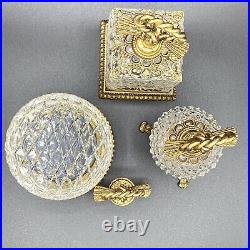 Vtg Crystal Matson Stylebuilt Gold Ormalou Perfume Bottle Jar Vanity Bow Set 3