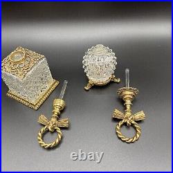 Vtg Crystal Matson Stylebuilt Gold Ormalou Perfume Bottle Jar Vanity Bow Set 3