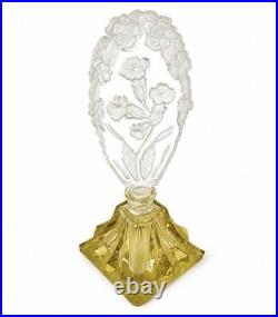 Vtg Czech Art Deco Perfume Bottle Frosted Glass Floral Stopper 7.5x3