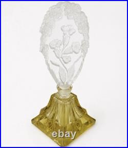 Vtg Czech Art Deco Perfume Bottle Frosted Glass Floral Stopper 7.5x3
